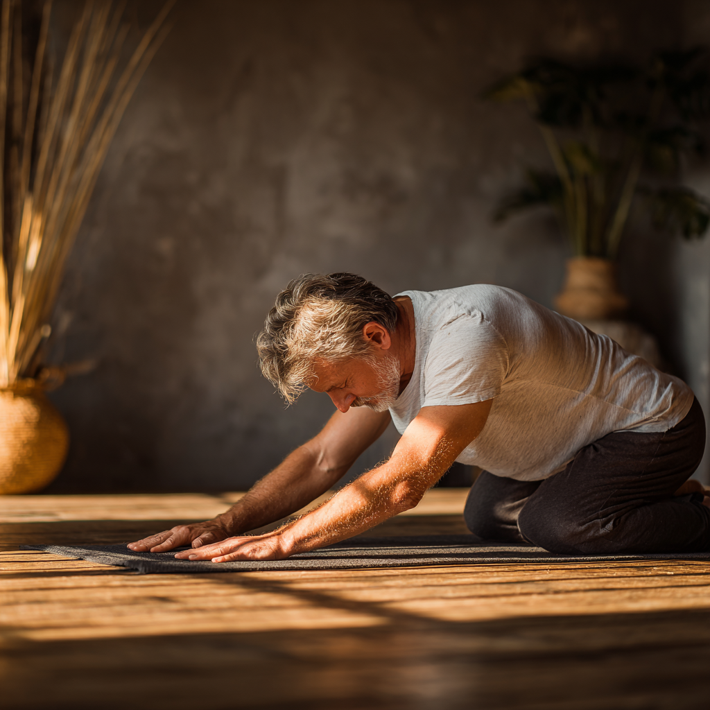 Чоловік 58 років виконує м'яку розтяжку в позі дитини на килимку для йоги в теплій студії з природним освітленням