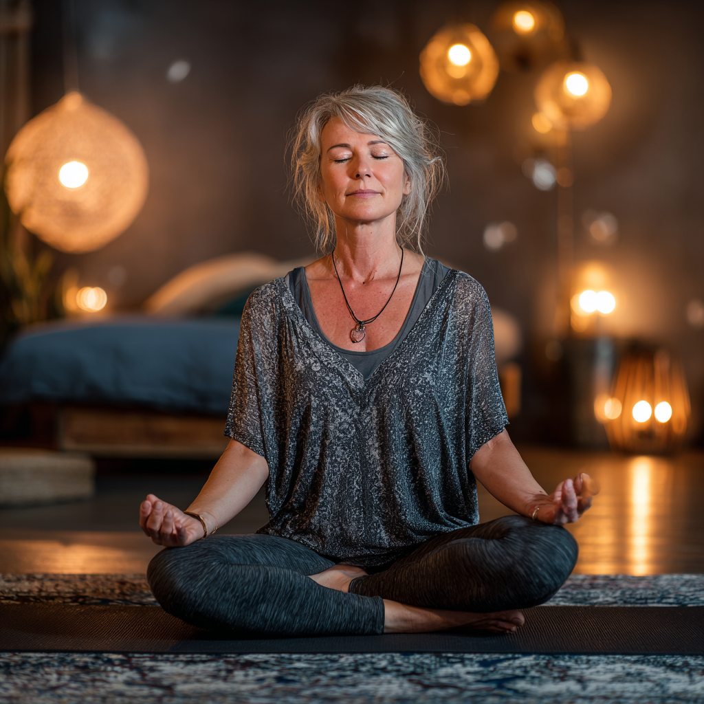 Жінка 55 років в спокійній позі лотоса на килимку для йоги в затишній студії з м'яким освітленням